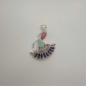 Purple and Pink Peacock Brooch with Silver-Toned Details